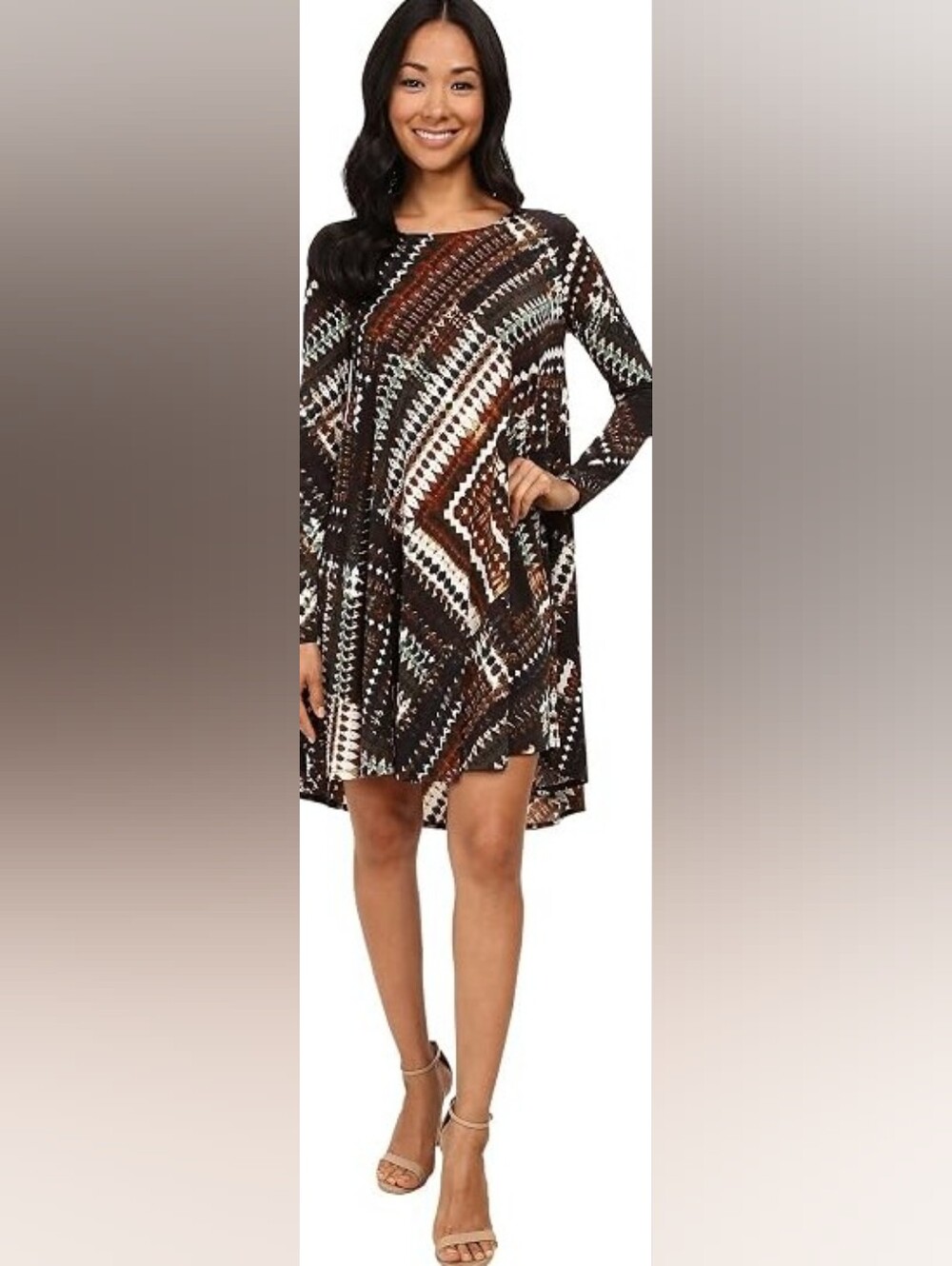 Karen Kane Brown & White Geometric Long Sleeve Swing Dress Misses Size Small